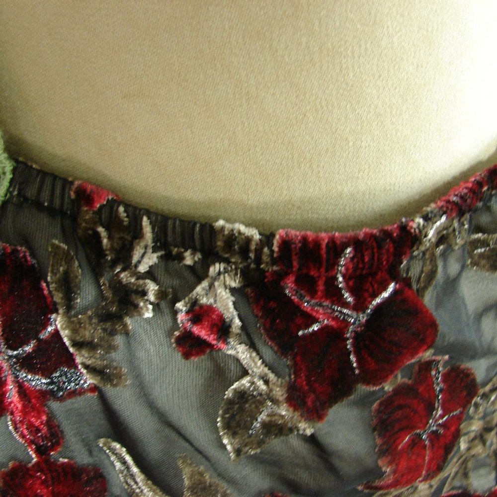 Floral Velvet Burn Out Burgundy Green Lace Dress L - Picture 8 of 16